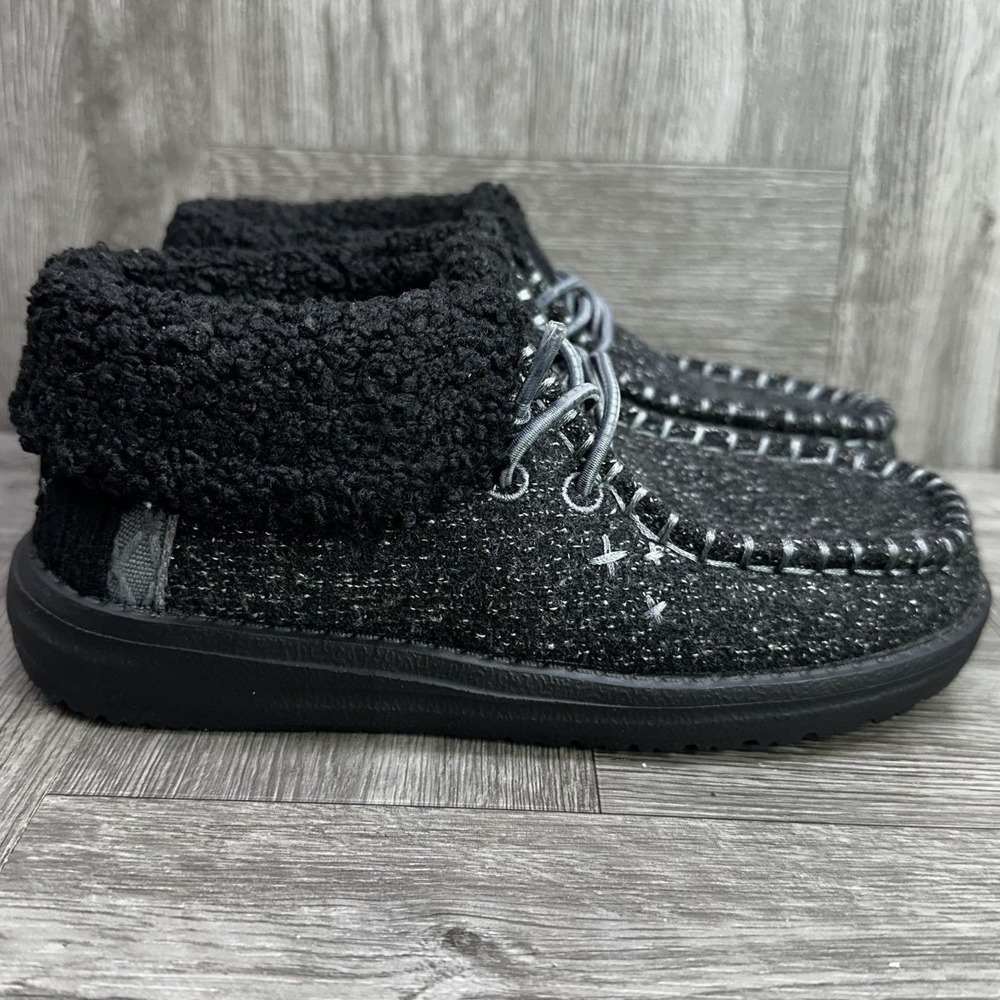 Hey Dude Windy Foldy Brushed Cozy Kids 2 Black SlipOn Winter Boots NEW 42143-060